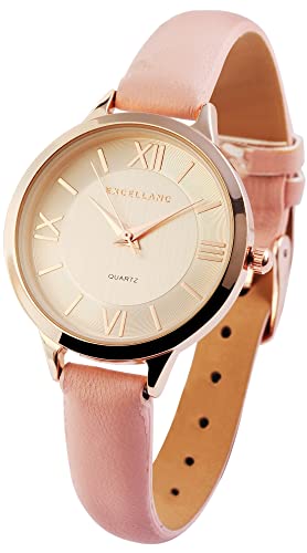 Excellanc Modische Damen Armband Uhr Roségold Rosa Analog Römische Ziffern Kunst Leder Quarz 91900120002 von Excellanc