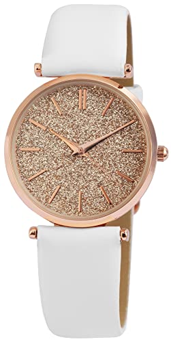 Excellanc Modische Damen Armband Uhr Rosègold Weiß Glitter Design Analog Kunst Leder Quarz 91900147003 von Excellanc