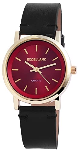 Excellanc Modische Damen Armband Uhr Rot Schwarz Gold Analog Echt Leder Quarz 9195005500204 von Excellanc