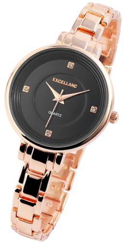 Excellanc Modische Damen Armband Uhr Schwarz Rosègold Strass Kristalle Analog Metall Frauen Quarz 91800089003 von Excellanc