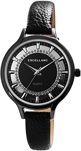 Excellanc Modische Damen Armband Uhr Schwarz Silber Analog Strass Crystals Leder Imitat Quarz 91900237001 von Excellanc