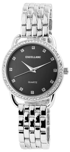 Excellanc Modische Damen Armband Uhr Schwarz Silber Strass Kristalle Analog Metall Frauen Quarz 91800072003 von Excellanc