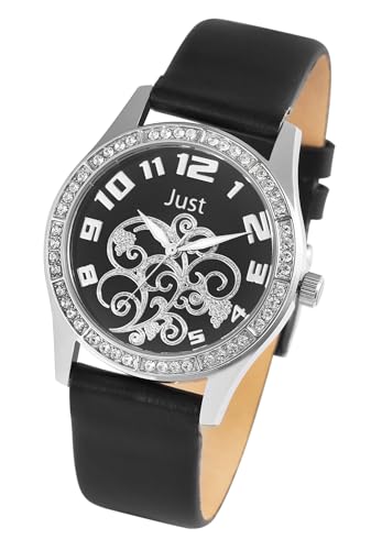 Excellanc Modische Damen Armband Uhr Schwarz Strass Kristalle Muster Echt Leder Analog Quarz 5ATM Fashion 9JU10069001 von Excellanc