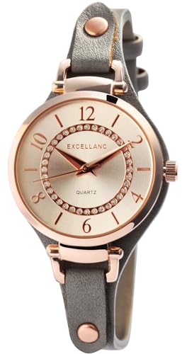 Excellanc Modische Damen Armband Uhr Silber Grau Rosègold Design Strass Crystals Analog Kunst Leder Quarz 91900239006 von Excellanc
