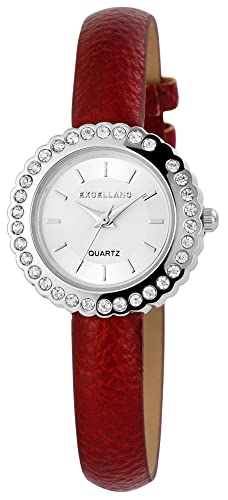 Excellanc Modische Damen Armband Uhr Silber Rot Analog Leder Imitat Strass Crystals Quarz 9195625000018 von Excellanc