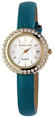 Excellanc Modische Damen Armband Uhr Silber Türkis Gold Analog Leder Imitat Strass Crystals Quarz 9195603100018 von Excellanc