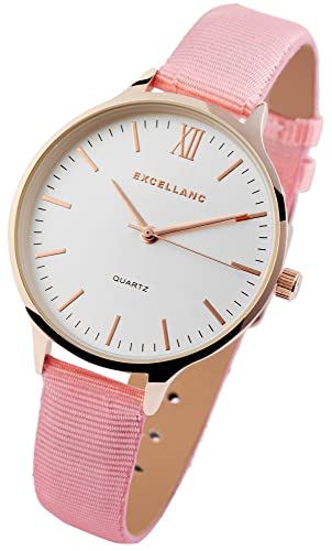 Excellanc Modische Damen Armband Uhr Weiß Rosa Rosègold Analog Textil Kunst Leder Quarz 91900117004 von Excellanc