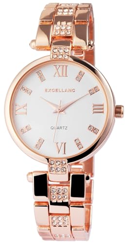 Excellanc Modische Damen Armband Uhr Weiß Rosègold Strass Kristalle Analog Metall Frauen Quarz 91800069004 von Excellanc