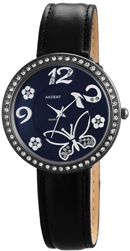 Excellanc Modische Damen Armbanduhr Blau Schwarz Strass Kristalle Schmetterling Motiv Analog Leder Imitat Quarz 3ATM Frauen 9SS8073000012 von Excellanc