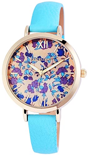 Excellanc Modische Damen Design Armband Uhr Blau Gold Blumen Motiv Floral Analog Kunst Leder Quarz 9195008500210 von Excellanc