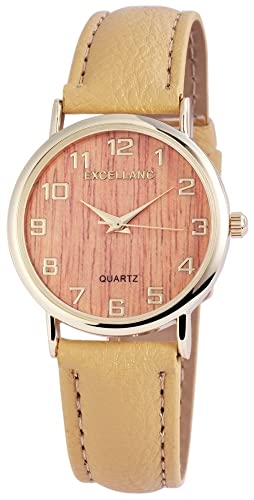 Excellanc Modische Damen Design Armband Uhr Braun Gold Holz Look Optik Analog Kunst Leder Quarz 9195007600193 von Excellanc