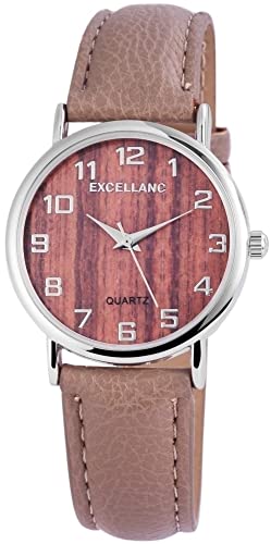 Excellanc Modische Damen Design Armband Uhr Braun Holz Look Optik Analog Kunst Leder Quarz 9195027000193 von Excellanc