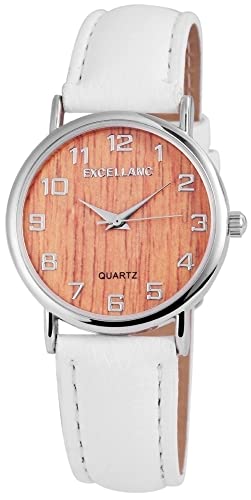 Excellanc Modische Damen Design Armband Uhr Braun Weiß Holz Look Optik Analog Kunst Leder Quarz 9195022000193 von Excellanc