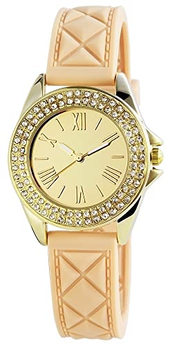 Excellanc Modische Damen Design Armband Uhr Gold Beige Analog Silikon Strass Crystals Quarz 9195502800003 von Excellanc