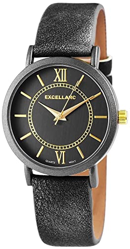 Excellanc Modische Damen Design Armband Uhr Grau Gold Römische Ziffern Analog Kunst Leder Quarz 9195071500237 von Excellanc