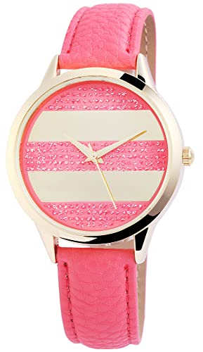 Excellanc Modische Damen Design Armband Uhr Pink Gold Analog Steifen Motiv Strass Crystals Kunst Leder Quarz 9195005500205 von Excellanc