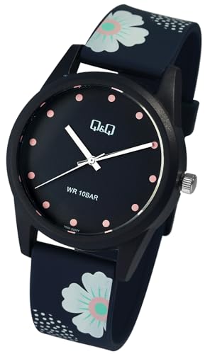 Excellanc Modische Damen Herren Q&Q Armband Uhr Dunkel Blau Rosa Blumen Motiv Floral Analog Silikon Metall Quarz 10ATM Bar 100M Wasserdicht Frauen Männer Unisex 9V08A003VY von Excellanc