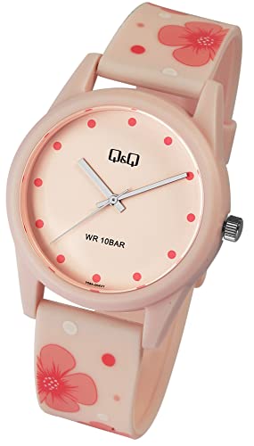 Excellanc Modische Damen Q&Q Armband Uhr Dunkel Rosa Blumen Motiv Floral Analog Silikon Metall Quarz 10ATM Bar 100M Wasserdicht Frauen 9V08A004VY von Excellanc