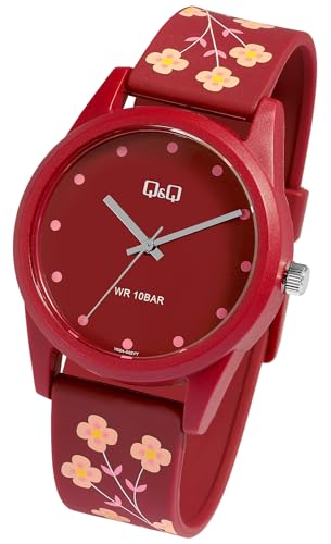 Excellanc Modische Damen Q&Q Armband Uhr Dunkel Rot Floral Blumen Analog Silikon Metall Quarz 10ATM Bar 100M Wasserdicht Frauen Männer Unisex 9V08A002VY von Excellanc