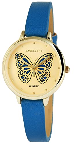 Excellanc Modische Damenuhr Gold Blau Schmetterling Motiv Analog Kunst Leder Band Quarz 91900048005 von Excellanc