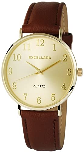 Excellanc Modische Damenuhr Gold Braun Analog Kunst Leder Band Quarz 91900054005 von Excellanc