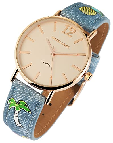 Excellanc Modische Damenuhr Roségold Blau Analog Urlaub Palme Ananas Flamingo Motive Kunst Leder Jeans Optik Design Band Quarz 91900012002 von Excellanc