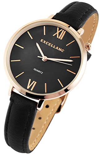 Excellanc Modische Damenuhr Schwarz Rosègold Analog Kunst Leder Band Quarz 91900082008 von Excellanc