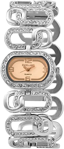 Excellanc Modische Design Damen Armband Uhr Beige Silber Analog Oval Strass Steine Metall Quarz 9152427000033 von Excellanc