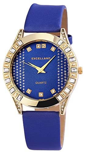 Excellanc Modische Design Damen Armband Uhr Blau Gold Strass Crystals Analog Kunst Leder Quarz 9195203000032 von Excellanc