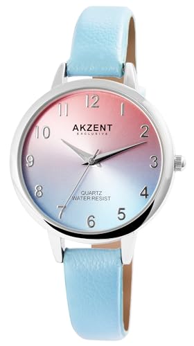 Excellanc Modische Design Damen Armband Uhr Blau Rosa Silber Analog Kunst Leder 3ATM Quarz 91900233001 von Excellanc