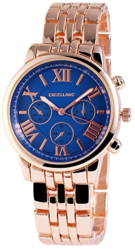 Excellanc Modische Design Damen Armband Uhr Blau Rosègold Römische Ziffern Analog Chrono-Look Metall Quarz 9151033000013 von Excellanc