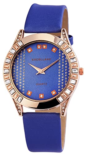 Excellanc Modische Design Damen Armband Uhr Blau Roségold Strass Crystals Analog Kunst Leder Quarz 9195233000032 von Excellanc