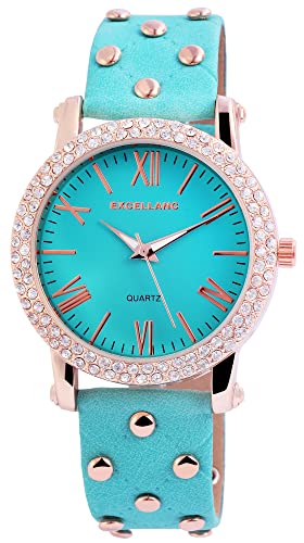 Excellanc Modische Design Damen Armband Uhr Blau Rosègold Strass Crystals Analog Kunst Leder Quarz 9195633500016 von Excellanc