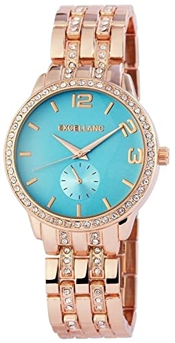 Excellanc Modische Design Damen Armband Uhr Blau Rosègold Strass Kristalle Analog Chrono-Look Metall Quarz 91800013009 von Excellanc