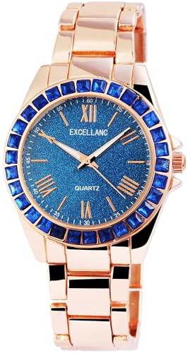 Excellanc Modische Design Damen Armband Uhr Blau Rosègold Strass Steine Römische Ziffern Analog Metall Quarz 91800131003 von Excellanc