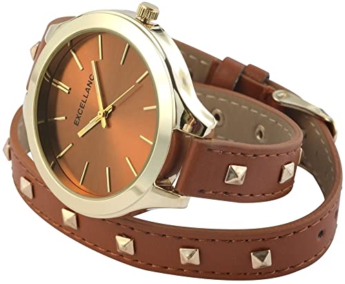 Excellanc Modische Design Damen Armband Uhr Braun Gold Analog Kunst Leder Nieten Wickelarmband Quarz 9199207500001 von Excellanc