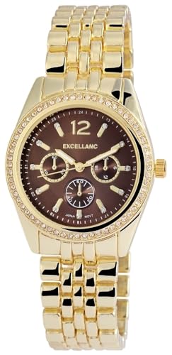 Excellanc Modische Design Damen Armband Uhr Braun Gold Strass Kristalle Analog Chrono-Look Metall Quarz 9152407000041 von Excellanc