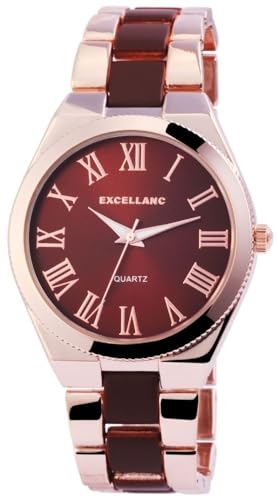 Excellanc Modische Design Damen Armband Uhr Braun Rosègold Römische Ziffern Analog Metall Quarz 91800020010 von Excellanc