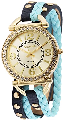 Excellanc Modische Design Damen Armband Uhr Gold Blau Strass Kristalle Analog Kunst Leder Quarz 91900179003 von Excellanc