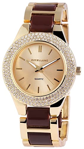 Excellanc Modische Design Damen Armband Uhr Gold Braun Analog Strass Steine Metall Quarz 9152604000005 von Excellanc