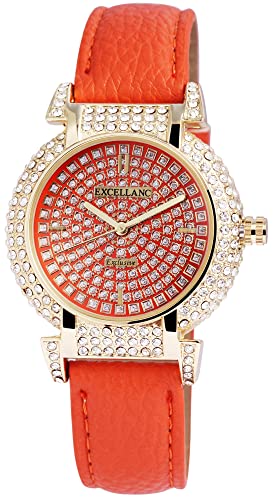 Excellanc Modische Design Damen Armband Uhr Orange Gold Analog Kunst Leder Strass Crystals Quarz 9195005500227 von Excellanc