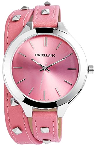 Excellanc Modische Design Damen Armband Uhr Rosa Analog Kunst Leder Nieten Wickelarmband Quarz 9199225600001 von Excellanc