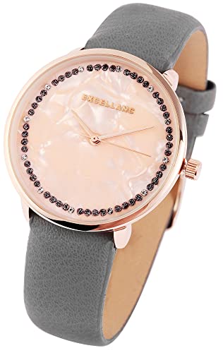 Excellanc Modische Design Damen Armband Uhr Rosa Grau Rosègold Perlmutt Strass Kristalle Analog Kunst Leder Quarz 91900091003 von Excellanc