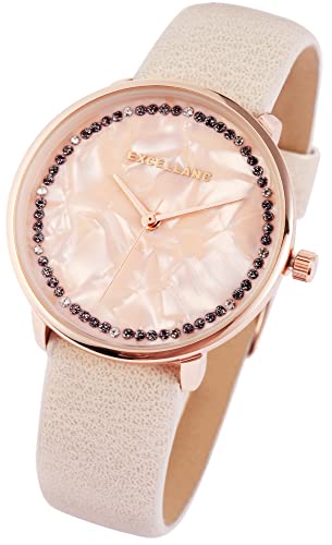 Excellanc Modische Design Damen Armband Uhr Rosa Rosègold Perlmutt Strass Kristalle Analog Kunst Leder Quarz 91900091002 von Excellanc