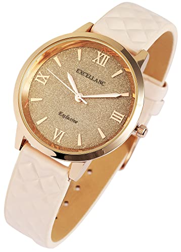 Excellanc Modische Design Damen Armband Uhr Rosègold Weiß Glitzer Römische Ziffern Analog Kunst Leder Quarz 91900101004 von Excellanc