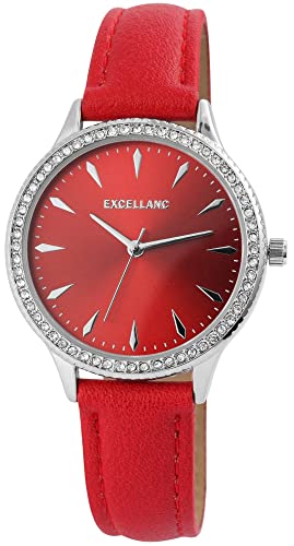 Excellanc Modische Design Damen Armband Uhr Rot Analog Kunst Leder Strass Crystals Quarz 91900175001 von Excellanc