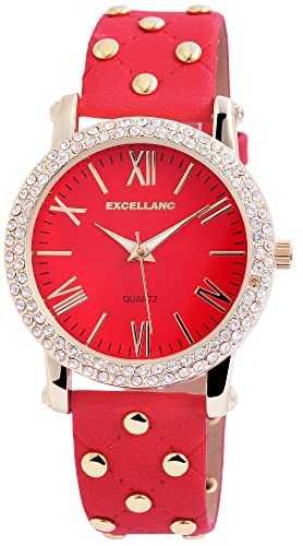 Excellanc Modische Design Damen Armband Uhr Rot Gold Strass Crystals Analog Kunst Leder Quarz 9195605000016 von Excellanc