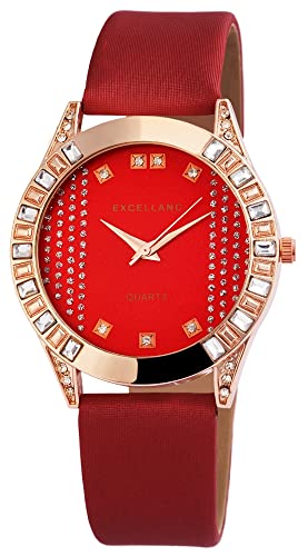 Excellanc Modische Design Damen Armband Uhr Rot Rosègold Strass Crystals Analog Kunst Leder Quarz 9195235000032 von Excellanc