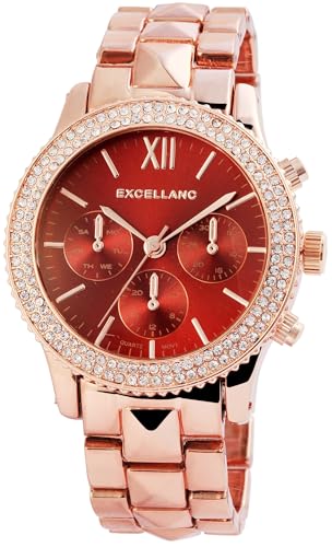 Excellanc Modische Design Damen Armband Uhr Rot Rosègold Strass Kristalle Analog Römische Ziffern Chrono-Look Metall Quarz 91800036005 von Excellanc