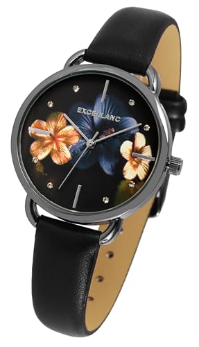 Excellanc Modische Design Damen Armband Uhr Schwarz Blumen Muster Floral Analog Kunst Leder Quarz 91900280006 von Excellanc